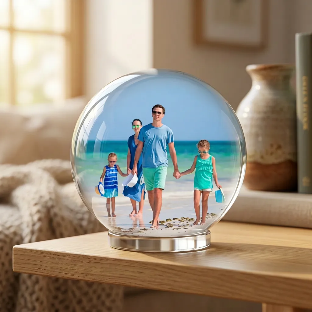 A family beach memory displayed inside an orb